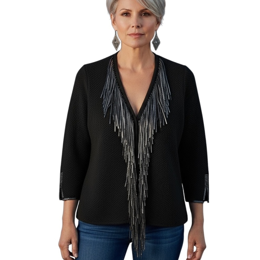 Chico's Fringe Western Cardigan 3/4 Sleeves Black